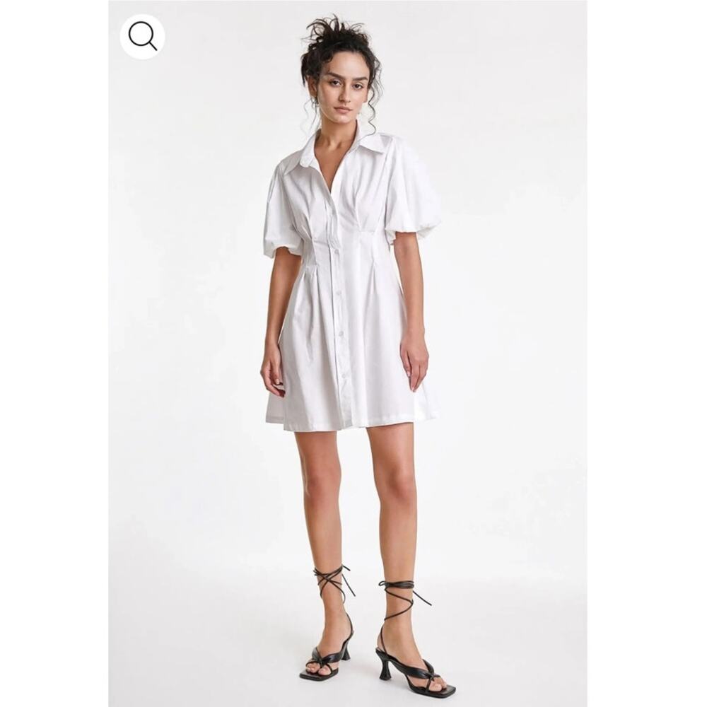 J. Ing White Fitted Waist Puff Sleeve Shirt Dress, 100% Cotton, Mini Crisp, Sz M